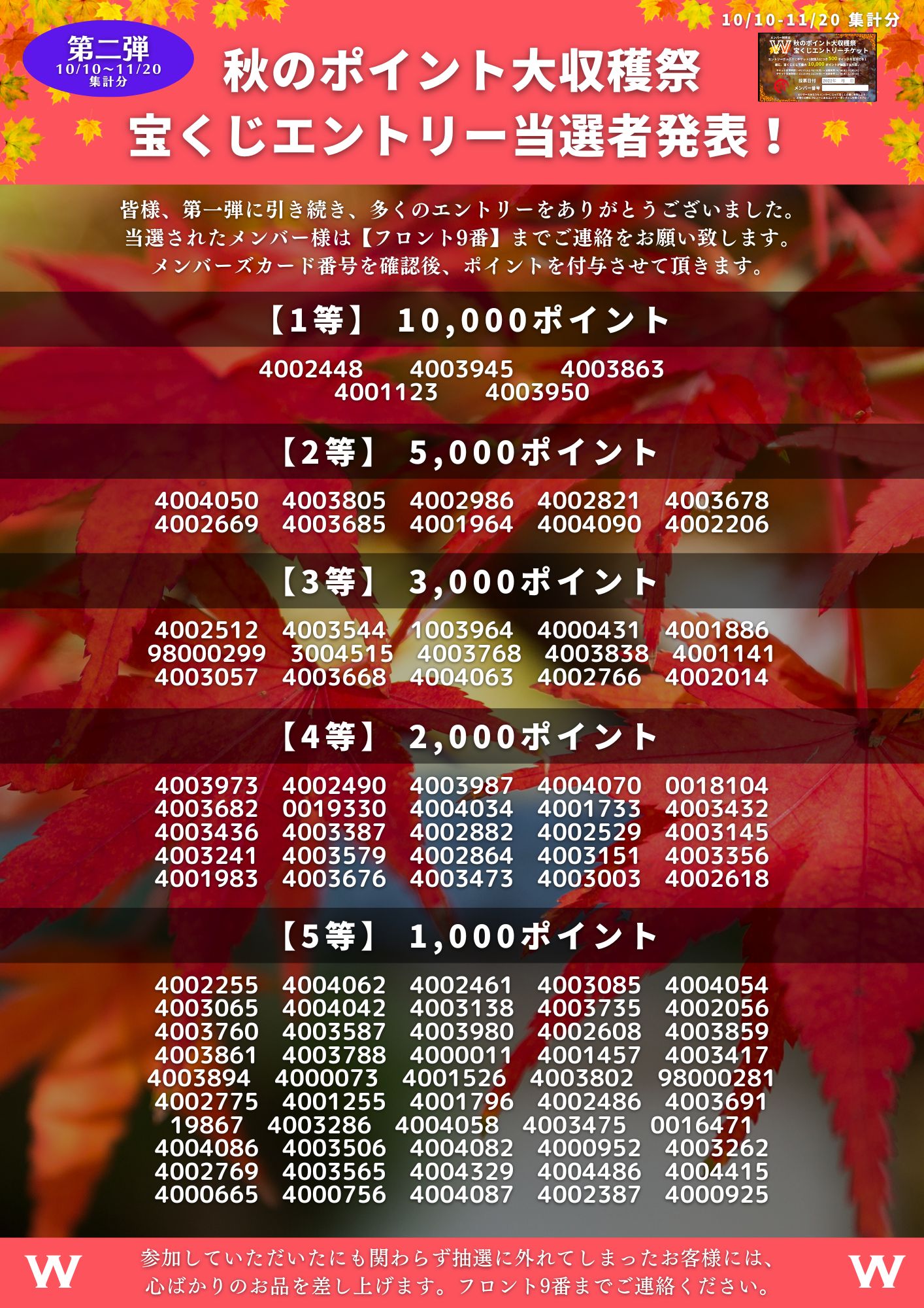2022年11月30日 秋チケット第2弾 当選者発表