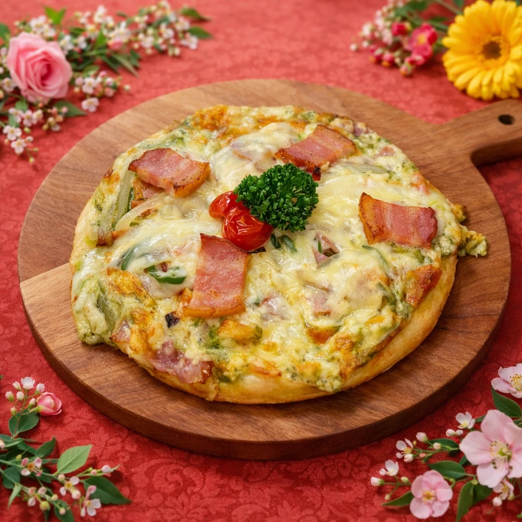 つるしベーコンとオニオン2種チーズのピザ