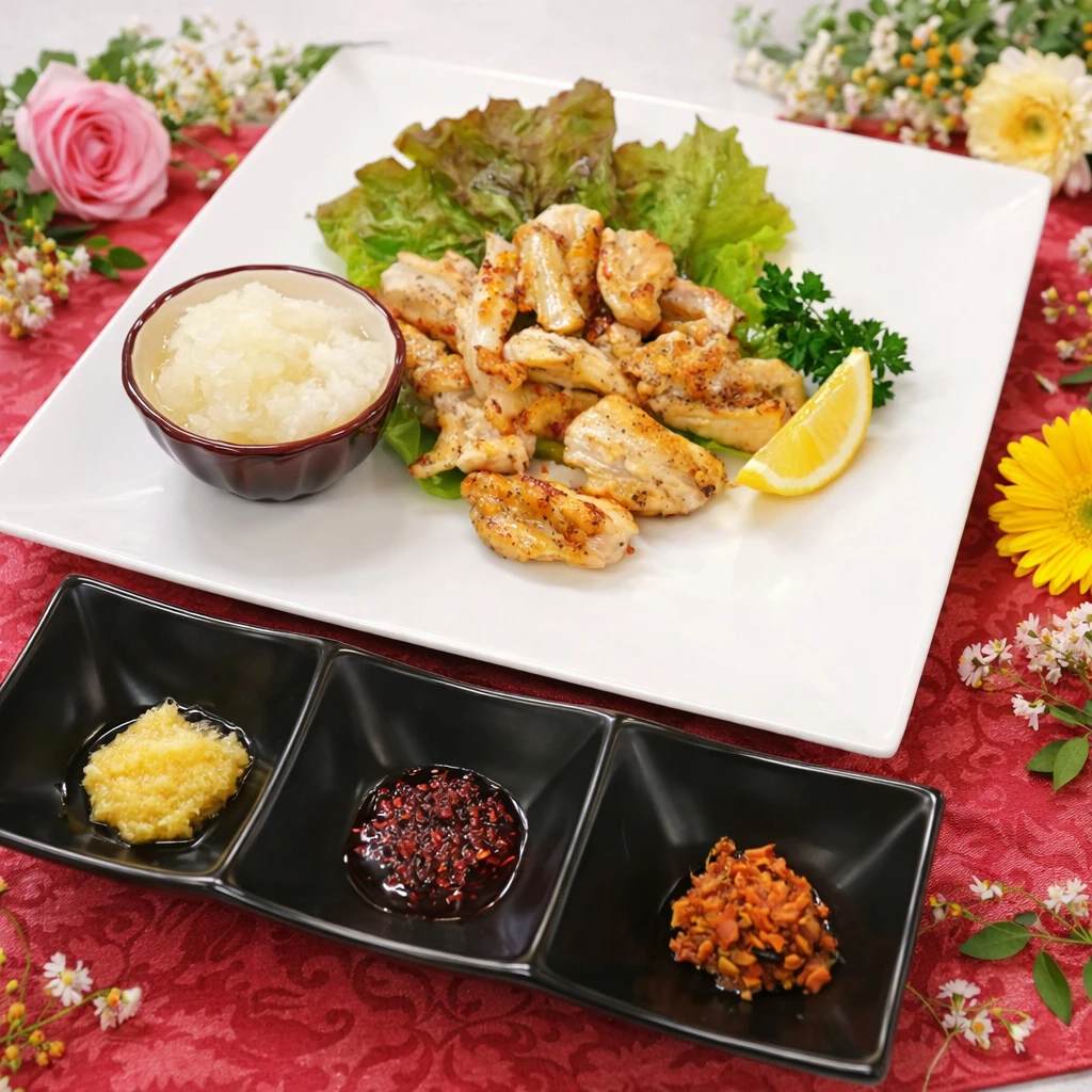 銘柄鶏の直火軟骨焼き～３種の醤と大根おろし～